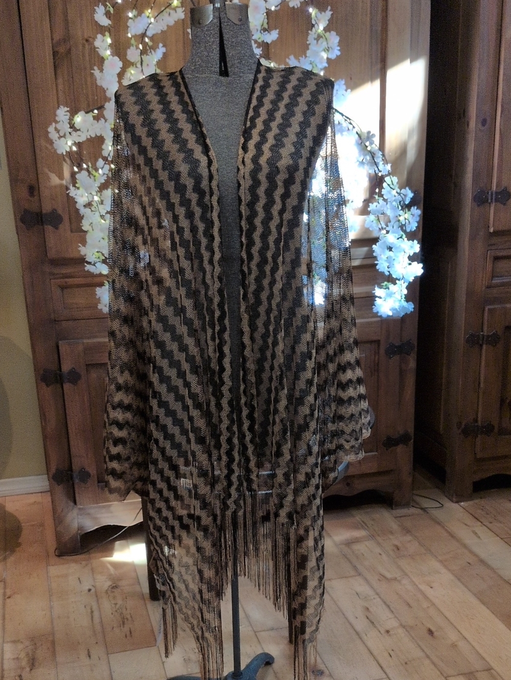 Delicate Crochet Fringe Duster Cover Up Black & Gold